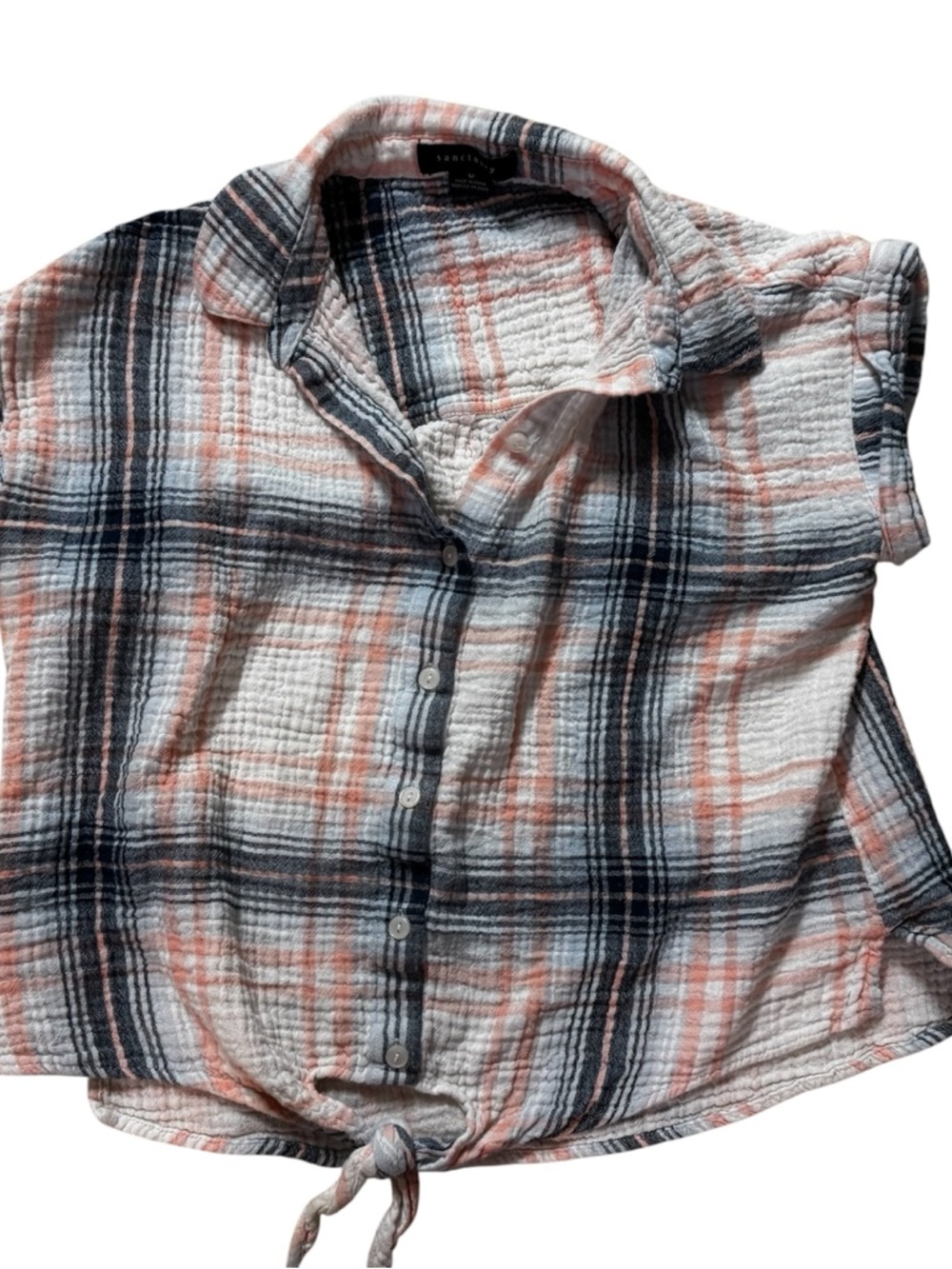 Sanctuary Plaid Button-Front Shirt in White, Navy & Coral